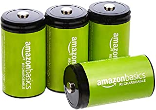 Amazon Basics 4-Pack D Cell Rechargeable Batteries, 10000mAh Ni-MH, Pre-charged