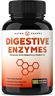 Digestive Enzymes with Prebiotics & Probiotics 180 Vegan Capsules - Better Digestion, Nutrient Absorption - Multi Enzyme Supplement. Helps Bloating, Gas, Discomfort, IBS, Lactose Intolerance