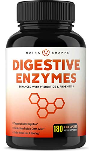 Digestive Enzymes with Prebiotics & Probiotics 180 Vegan Capsules - Better Digestion, Nutrient Absorption - Multi Enzyme Supplement. Helps Bloating, Gas, Discomfort, IBS, Lactose Intolerance