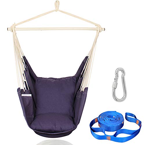 PIRNY Hammock Chair Relax Hanging Swing with Pocket,Include Tree Straps Outdoor Indoor Patio Graden Use,Capacity 400 LBS Large Space Size,Convenient to Receive(Grey 2 coshion)