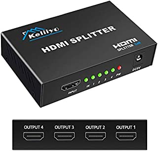 KELIIYO Hdmi Splitter 1 in 4 Out V1.4b Powered Hdmi Video Splitter with AC Adaptor Duplicate/Mirror Screen Monitor Supports Ultra HD 1080P 2K x4K@30Hz and 3D Resolutions (1 Input to 4 Outputs)