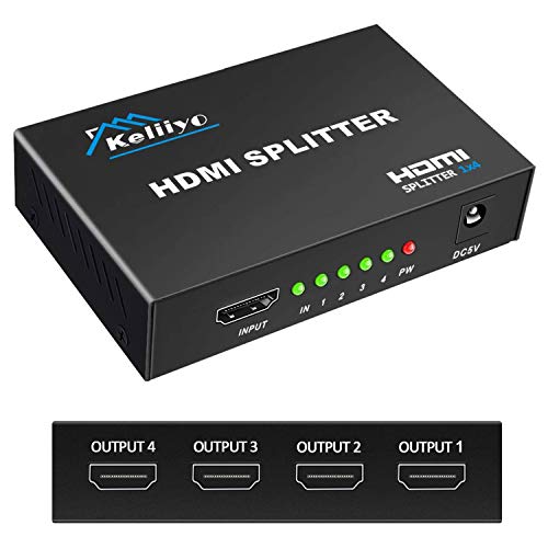 KELIIYO Hdmi Splitter 1 in 4 Out V1.4b Powered Hdmi Video Splitter with AC Adaptor Duplicate/Mirror Screen Monitor Supports Ultra HD 1080P 2K x4K@30Hz and 3D Resolutions (1 Input to 4 Outputs)