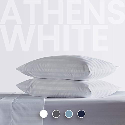 SLEEP ZONE Striped Bed Sheet Sets 120gsm Luxury Microfiber Temperature Regulation Sheets Soft Wrinkle Free Fade Resistant Easy Care (White, Queen)