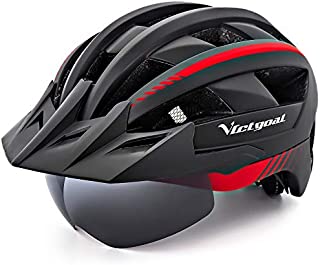 VICTGOAL Bike Helmet for Men Women with Led Light Detachable Magnetic Goggles Removable Sun Visor Mountain & Road Bicycle Helmets Adjustable Size Adult Cycling Helmets (Black Red)