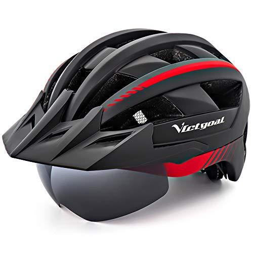 VICTGOAL Bike Helmet for Men Women with Led Light Detachable Magnetic Goggles Removable Sun Visor Mountain & Road Bicycle Helmets Adjustable Size Adult Cycling Helmets (Black Red)