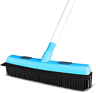 Guay Clean Rubber Push Broom Pet Hair Fur Removal Soft Bristle Sweeper for Carpet and Floor, Squeegee and Grommet for Pads and Towels -Telescopic Pole up to 50 Inches - Blue