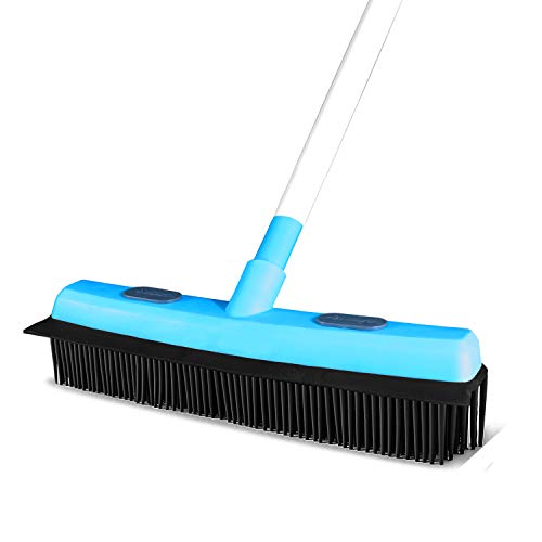 Guay Clean Rubber Push Broom Pet Hair Fur Removal Soft Bristle Sweeper for Carpet and Floor, Squeegee and Grommet for Pads and Towels -Telescopic Pole up to 50 Inches - Blue