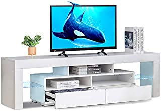 Bonzy Home Glossy LED TV Stand, White TV Stand with RGB LED Lights, Wood Media Storage Console for 65 Inch TV, Flat Screen TV Cabinet, Gaming Consoles - in Lounge Room, Living Room and Bedroom(White)