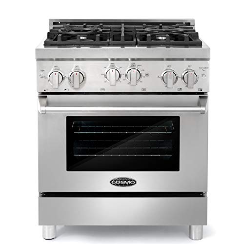 Cosmo GRP304 30 in. Freestanding/Slide-in Gas Range with 4 Sealed Burner Rangetop, Rapid Convection Single Oven, Heavy Duty Metal Knobs & Cast Iron Grate in Stainless Steel