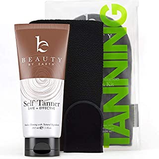 Self Tanner & Tanning Mitt Set  Tanning Lotion with Organic Aloe Vera & Shea Butter for Bronze Natural Looking Fake Tan, Mitt Set Includes Exfoliating Glove, Body Applicator and Face Applicator