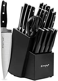 Knife Set with Block, 22 pcs Kitchen Knives with Sharpener Black, German Stainless Steel Knives Set with Carving Fork Steak Knives, High Carbon Full Tang Knives Set by Emojoy