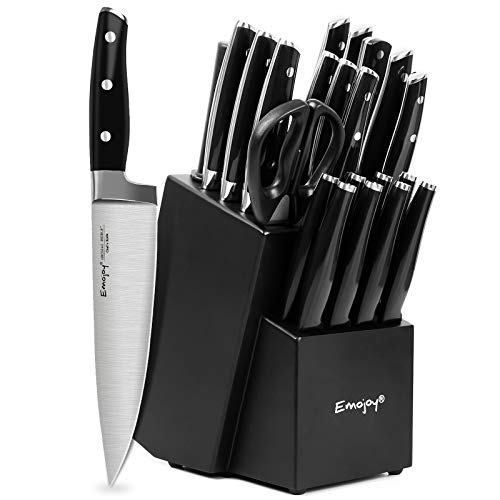 Knife Set with Block, 22 pcs Kitchen Knives with Sharpener Black, German Stainless Steel Knives Set with Carving Fork Steak Knives, High Carbon Full Tang Knives Set by Emojoy