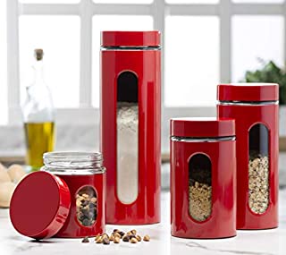 Quality Modern Red Stainless Steel Canister Set for Kitchen Counter with Glass Window & Airtight Lid - Food Storage Containers with Lids Airtight - Pantry Storage and Organization Set