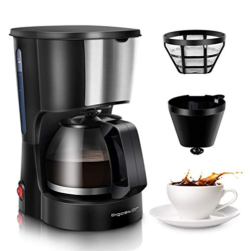 Aigostar Buck - Coffee Makers, 4 Cup Coffee Maker with Coffee Filter and Glass Carafe, Small Drip Coffee Machines with Stainless Steel Decoration for Home, Travel & Office, Black