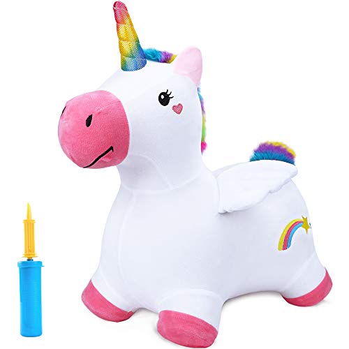 iPlay, iLearn Bouncy Pals Unicorn Bouncy Horse Plush, Outdoor n Indoor Ride on Hopping Animal Toys, Inflatable Hopper, Unique Activity Riding Gift for 18 Months 2 3 4 Year Old Kid Toddler Girl W/ Pump