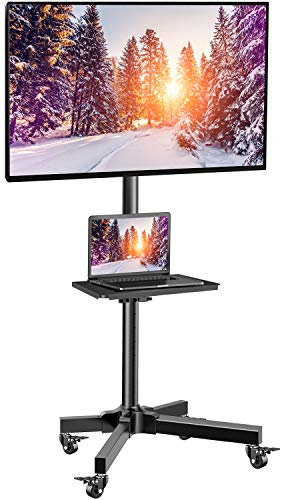 Mobile TV Cart with Wheels for 23-55 Inch LCD LED 4K Flat Curved Screen TVs - Height Adjustable Shelf Trolley Floor Stand Holds up to 55lbs - Movable Monitor Holder with Tray Max VESA 400x400mm