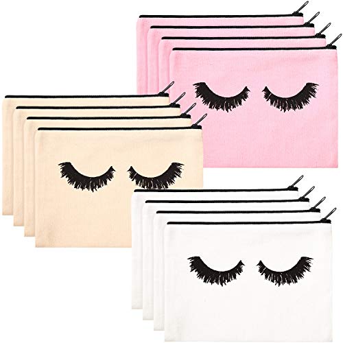 12 Pieces Eyelash Makeup Bags Cosmetic Canvas Bags Multipurpose Makeup Pouch Cases Zipper Toiletry Bag for Women Girls (7.87 x 5.7 Inch)