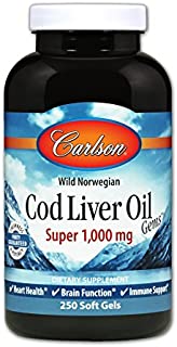 Carlson - Cod Liver Oil Gems, Super 1000 mg, 250 mg Omega-3s + Vitamins A & D3, Wild-Caught Norwegian Arctic Cod-Liver Oil, Sustainably Sourced Nordic Fish Oil Capsules, 250 Softgels