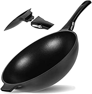 Wok Pan Detachable Handle - Nonstick Wok for all Stove-Tops - Large 12 Inch Cooking Wok Frying Pan - Flat Bottom Aluminum Wok - Induction Wok - Stir Fry Wok - Better than Carbon Steel Wok for Home Use