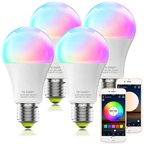 MagicLight Smart WiFi Bulb No Hub Required, E26 A19 7W (60w Equivalent) UL Listed Tunable White Multicolor WiFi Smart LED Light Bulb, Works with Alexa Google Home Siri (4Pack)