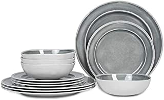 Melamine Dinnerware Set - 12pcs Dishes Dinnerware Set for 4, Indoor and Outdoor use, Dishwasher Safe, Break-resistant, Lightweight, Gray