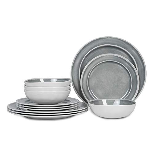 Melamine Dinnerware Set - 12pcs Dishes Dinnerware Set for 4, Indoor and Outdoor use, Dishwasher Safe, Break-resistant, Lightweight, Gray