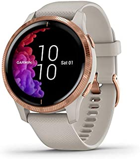 Garmin 010-02173-21 Venu, GPS Smartwatch with Bright Touchscreen Display, Features Music, Body Energy Monitoring, Animated Workouts, Pulse Ox Sensor and More, Rose Gold with Tan Band