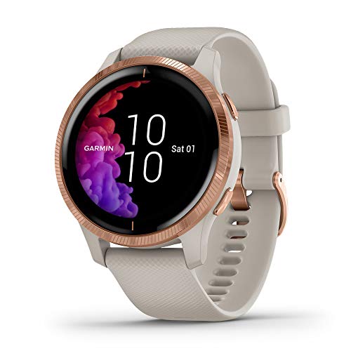 Garmin 010-02173-21 Venu, GPS Smartwatch with Bright Touchscreen Display, Features Music, Body Energy Monitoring, Animated Workouts, Pulse Ox Sensor and More, Rose Gold with Tan Band