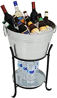 Sunnydaze Ice Bucket Drink Cooler with Stand and Tray for Parties, Pebbled Galvanized Steel, Holds Beer, Wine, Champagne and More