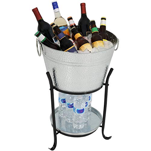 Sunnydaze Ice Bucket Drink Cooler with Stand and Tray for Parties, Pebbled Galvanized Steel, Holds Beer, Wine, Champagne and More