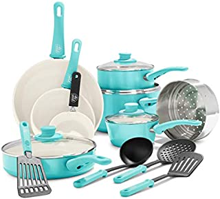 GreenLife Soft Grip Healthy Ceramic Nonstick, Cookware Pots and Pans Set, 16 Piece, Turquoise