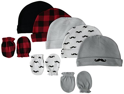 Hudson Baby Unisex Cotton Cap and Scratch Mitten Set, Mustache, 0-6 Months