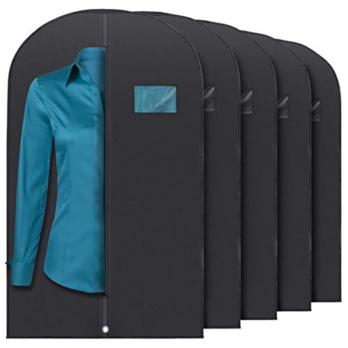 Plixio Garment Bags Suit Bag for Travel and Clothing Storage of Dresses, Dress Shirts, Coats Includes Zipper and Transparent Window (Black- 5 Pack: 40