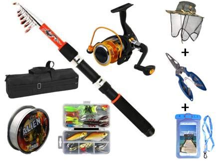 Fishing Rod and Reel Combo, Ultimate Fishing Package Carry case, Rod and Reel, Tackle and Box, Line, Bug Cap, Fishing Pliers and Floating Waterproof Cell Phone case Salt and Freshwater Set.