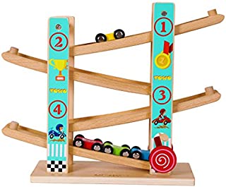 TOWO Pure Wooden Car Ramp - Zig Zag Car Slide Run with 4 Wooden Cars Playsets-Click Clack Track Wooden Car Toys for Toddlers -Racing Car Toys for Kids Boys Girls 1 2 3 4