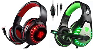 2 Pairs of Pacrate PS4 Headset with Microphone for Laptop PC Xbox One Headset Gaming Headset with Microphone Computer Noise Isolating Gaming Headphones for Kids Adults LED Lights Deep Bass (Red+Green)