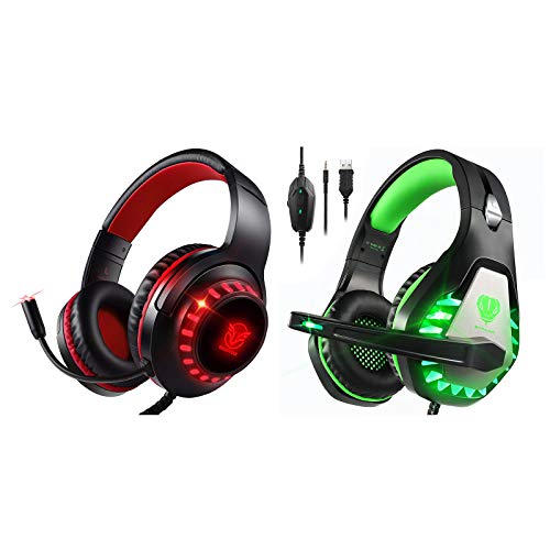 2 Pairs of Pacrate PS4 Headset with Microphone for Laptop PC Xbox One Headset Gaming Headset with Microphone Computer Noise Isolating Gaming Headphones for Kids Adults LED Lights Deep Bass (Red+Green)