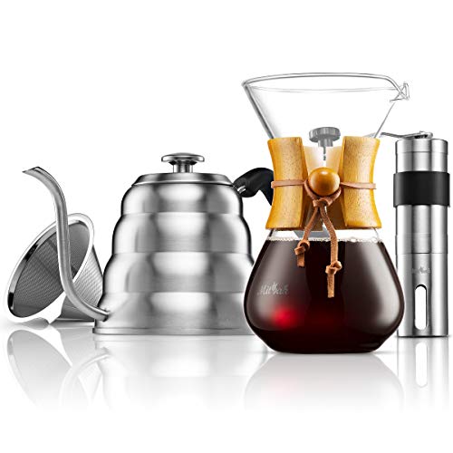 MITBAK Pour Over Coffee Maker Set | Kit Includes 40 OZ Gooseneck Kettle with Thermometer, Coffee Mill Grinder & 20 OZ Coffee Dripper Brewer | Great Replacement for Coffee Machines | Excellent Coffee Gift