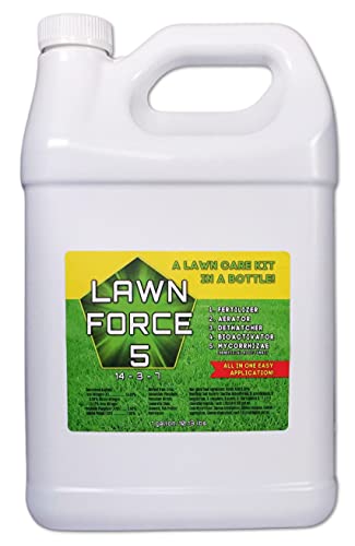 Natures Lawn - Lawn Force 5 - Liquid Lawn Fertilizer, Aerator, Dethatcher, with humic and fulvic Acid, kelp Seaweed, and mycorrhizae, Non-Toxic, Pet-Safe 1 Gallon