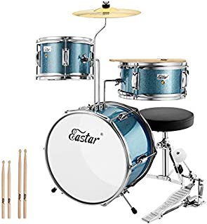 Eastar 14 inch Kids Drum Set Age 5 Real 3 Pieces with Throne, Cymbal, Pedal & Drumsticks, Metallic Sky Blue (EDS-180SB)