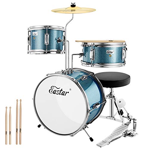 Eastar 14 inch Kids Drum Set Age 5 Real 3 Pieces with Throne, Cymbal, Pedal & Drumsticks, Metallic Sky Blue (EDS-180SB)