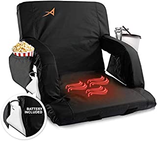 Heated Stadium Bleacher Seat  USB Battery Included - Upgraded 3 Levels of Heat - Foldable Chair -Cushioned Back & Arm Support, 4 Pockets for Snacks, Cup Holder - for Camping, Games & Sports