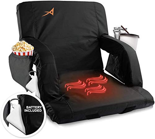 Heated Stadium Bleacher Seat  USB Battery Included - Upgraded 3 Levels of Heat - Foldable Chair -Cushioned Back & Arm Support, 4 Pockets for Snacks, Cup Holder - for Camping, Games & Sports