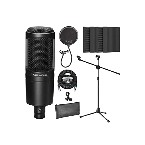 Audio-Technica AT2020 Cardioid Condenser Microphone for Vocals, Podcasting, Livestreaming for Bundle with Blucoil 20-FT Balanced XLR Cable, Pop Filter, Adjustable Mic Stand, and 4x 12