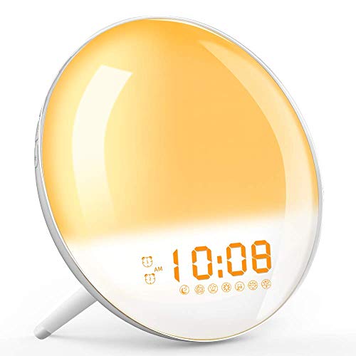 Wake Up Light, Sunrise Simulation Alarm Clock, Sleep Aid Colored Bedside Light with FM Radio Dual Alarm Adjustable Lightness for Kids and Adults Bedroom