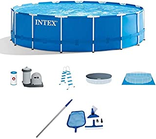 Intex 28241EH 15-Foot x 48-Inch Metal Frame Above Ground Swimming Pool with Filter Pump, Pool Cover and Cleaning Maintenance Kit with Vacuum, Skimmer and Pole