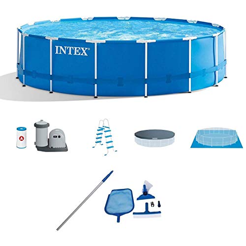 Intex 28241EH 15-Foot x 48-Inch Metal Frame Above Ground Swimming Pool with Filter Pump, Pool Cover and Cleaning Maintenance Kit with Vacuum, Skimmer and Pole