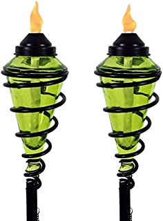 Sunnydaze Green Glass Torch with Metal Swirl, Outdoor Patio and Lawn Citronella Torch, 25- to 66-Inch Adjustable Height, Set of 2