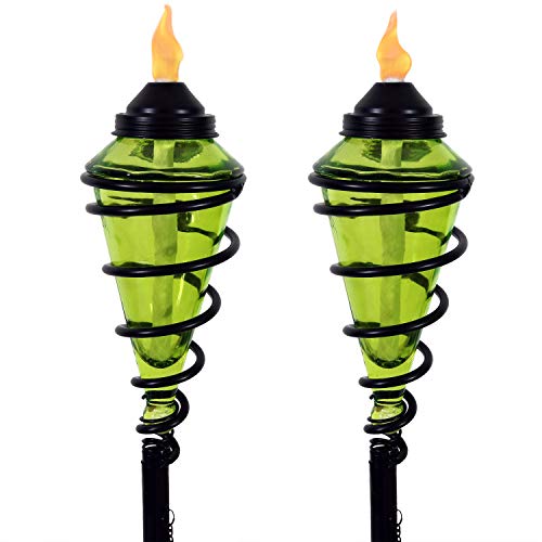 Sunnydaze Green Glass Torch with Metal Swirl, Outdoor Patio and Lawn Citronella Torch, 25- to 66-Inch Adjustable Height, Set of 2