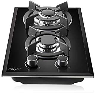 Anlyter 12 Inch Gas Cooktop, 2 Burners Drop-In Gas Stovetop (Thermocouple Protection), Tempered Glass Gas Hob LPG/NG Dual Fuel Sealed Gas Cooker with Wok Stand and Pressure Regulator